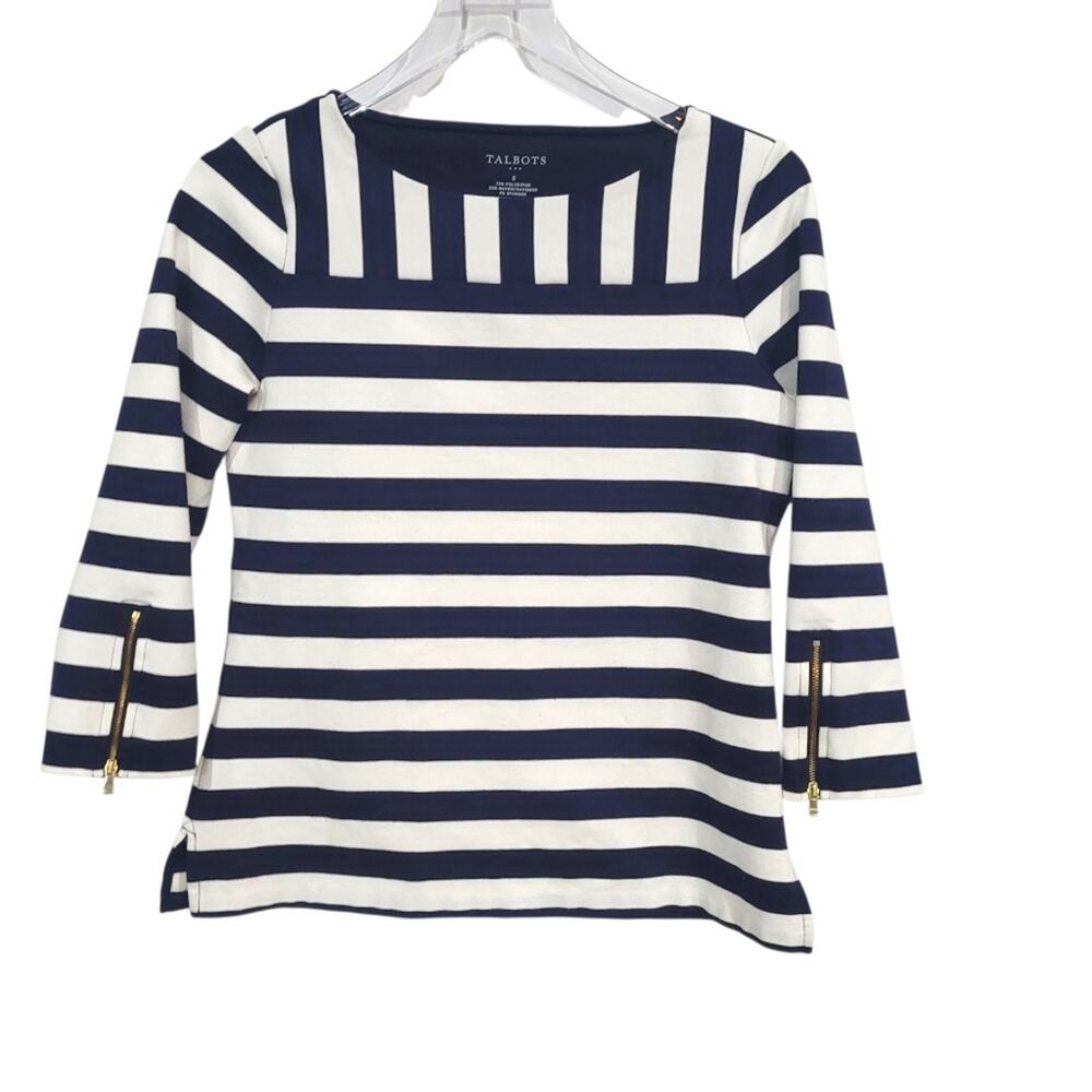 Talbots SZ S Top Striped Black White 3/4 Sleeve with Zippered Cuffs Parisian